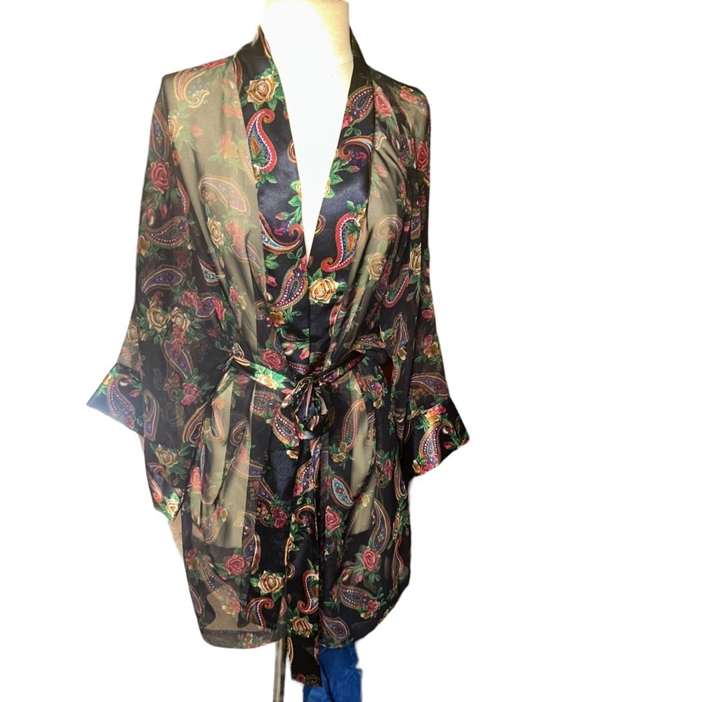 Vintage Victoria's Secret Gold Label Short navy Kimono Robe Floral Sheer 1 size